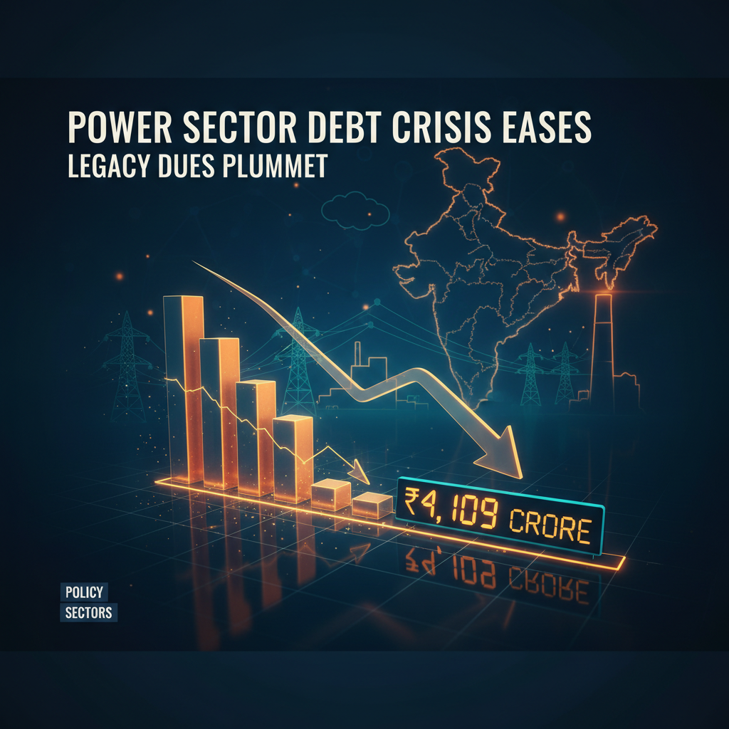 Bar chart showing a significant decrease in debt, with India's map, power lines, and a factory in the background.