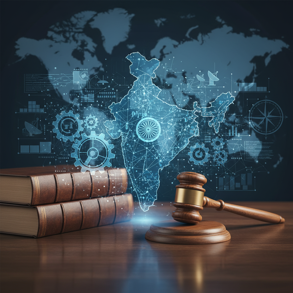 A gavel, law books, and a digital map of India with interconnected nodes and a world map in the background.