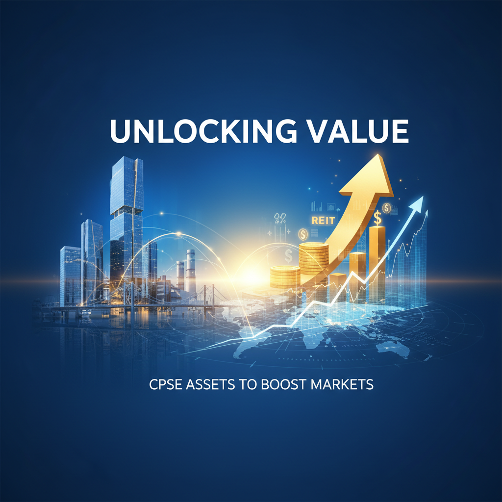 A professional visual representing asset monetization and market growth, with a rising arrow and cityscape.