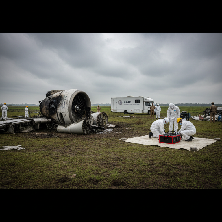 Investigators in hazmat suits examining aircraft wreckage in a field with an AAIB vehicle in the background.
