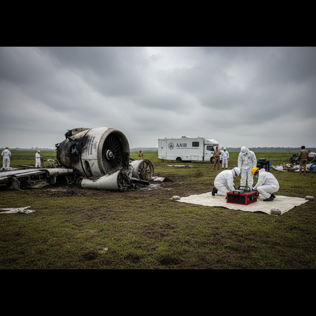 Investigators in hazmat suits examining aircraft wreckage in a field with an AAIB vehicle in the background.