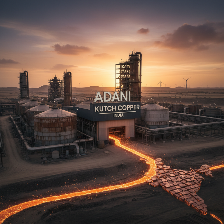 A futuristic copper refinery with molten copper flowing into an outline of India, against a dramatic sunset.