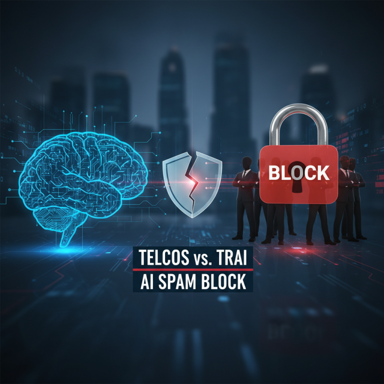 An AI brain, a broken shield, a red block padlock, and business silhouettes, symbolizing policy conflict.