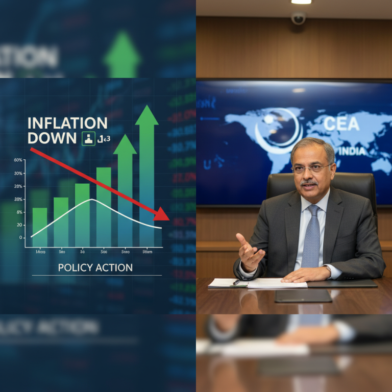 A split image showing a downward inflation graph and CEA Nageswaran speaking.