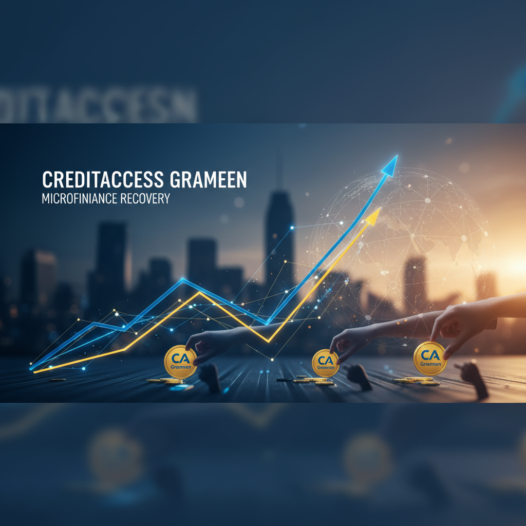 Hands placing coins with the CreditAccess Grameen logo, showing an upward trend with a cityscape background.
