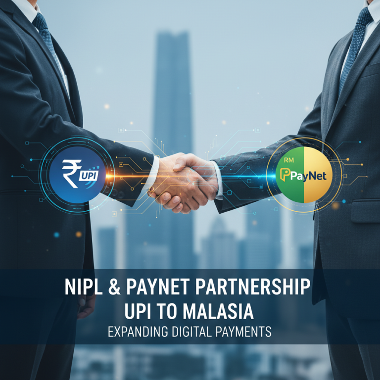 Two businessmen shaking hands with digital payment logos (UPI and PayNet) and a city skyline in the background.