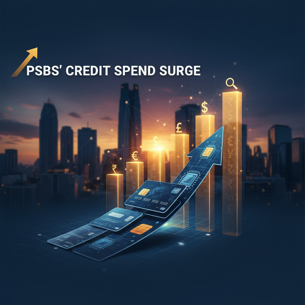 A dynamic image illustrating credit card spending growth with a city skyline backdrop, representing financial sector strength.