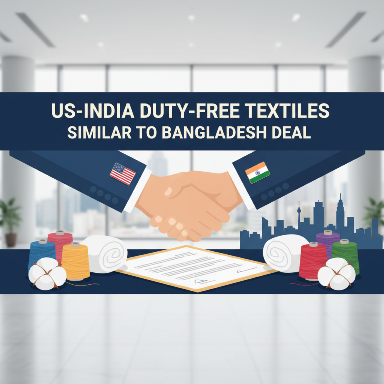 A handshake between US and Indian flagged sleeves over textile goods and a trade agreement, set against a city backdrop.
