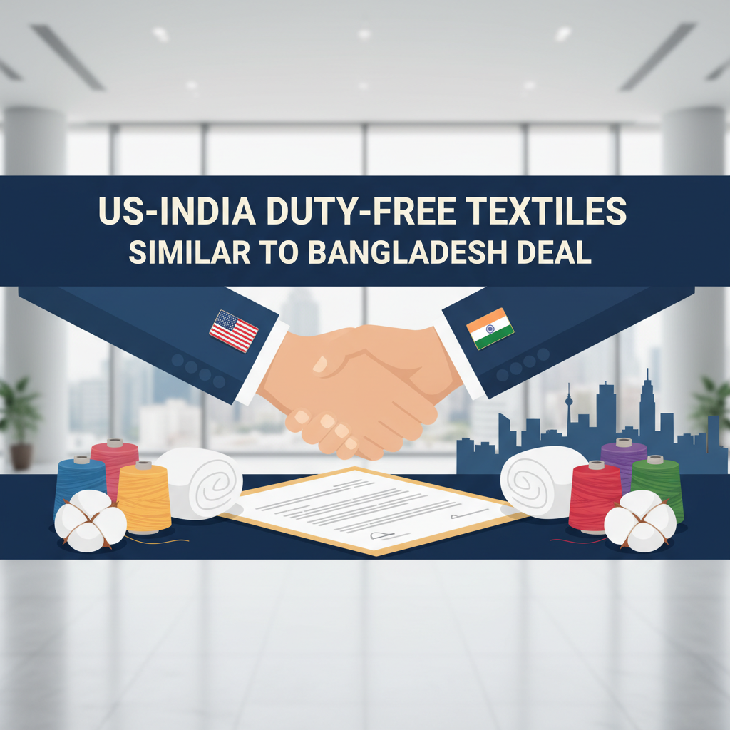 A handshake between US and Indian flagged sleeves over textile goods and a trade agreement, set against a city backdrop.