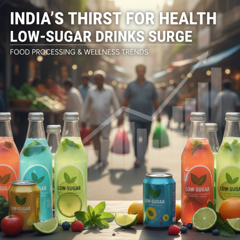 Assortment of vibrant low-sugar drinks with fruit, market background, and rising sales chart overlay.