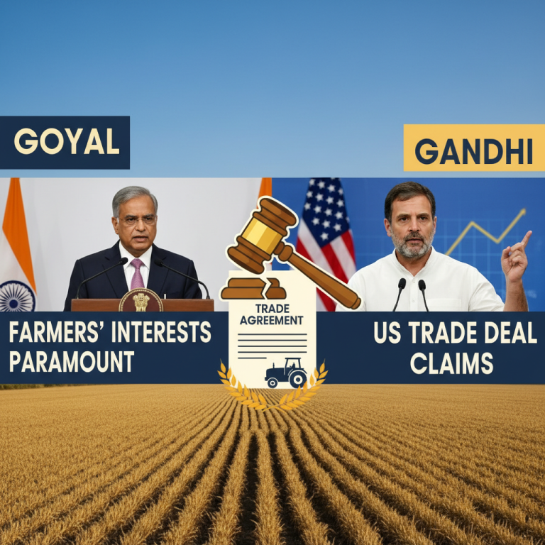 Split image of political figures Goyal and Gandhi debating a US trade deal, with agricultural fields and gavel.