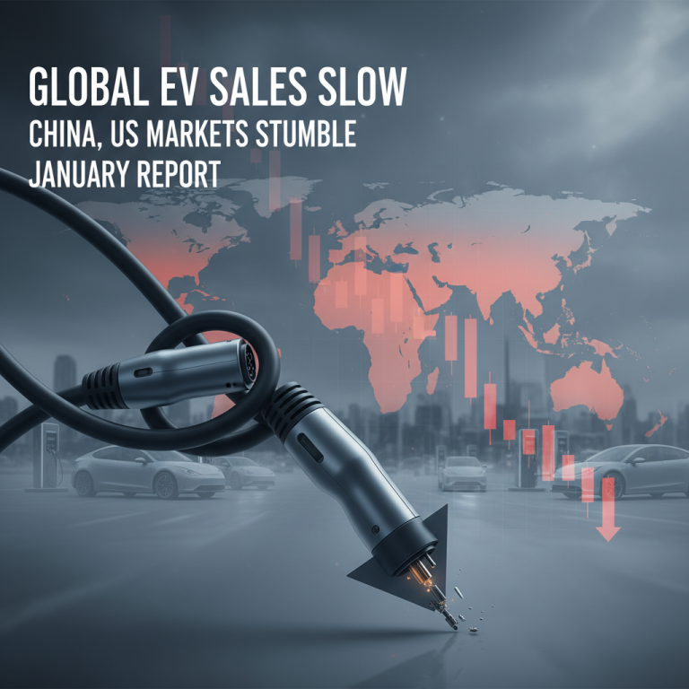 A professional graphic showing an EV charging cable forming a downward arrow, symbolizing slowing sales.