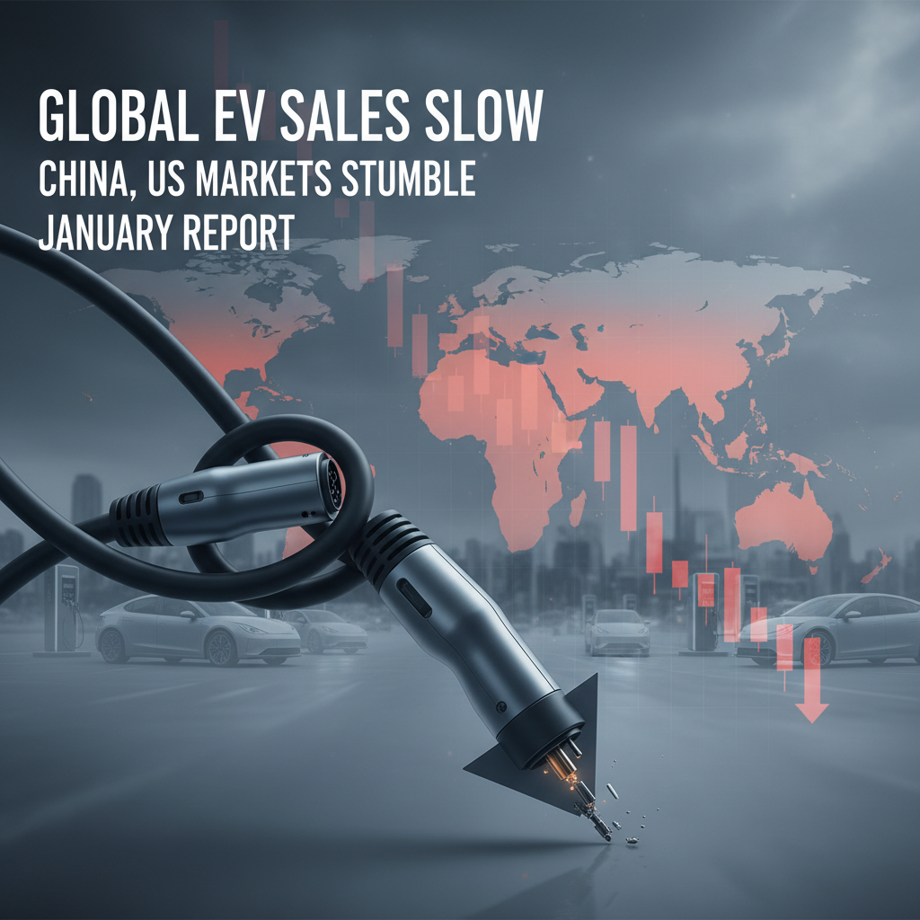 A professional graphic showing an EV charging cable forming a downward arrow, symbolizing slowing sales.