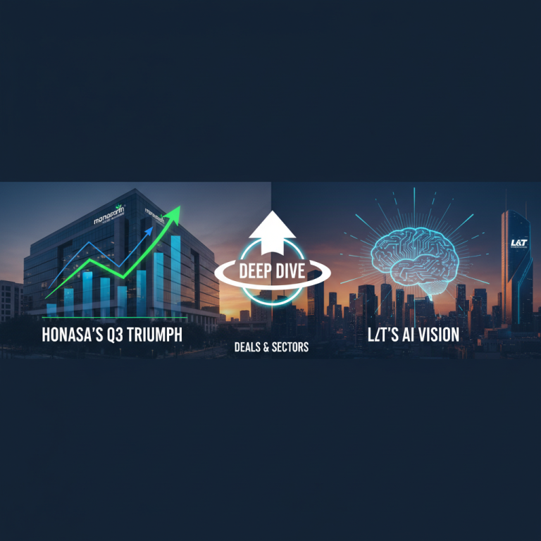 A split image showing Honasa's building with an upward trend graph and L&T's cityscape with a glowing brain icon.