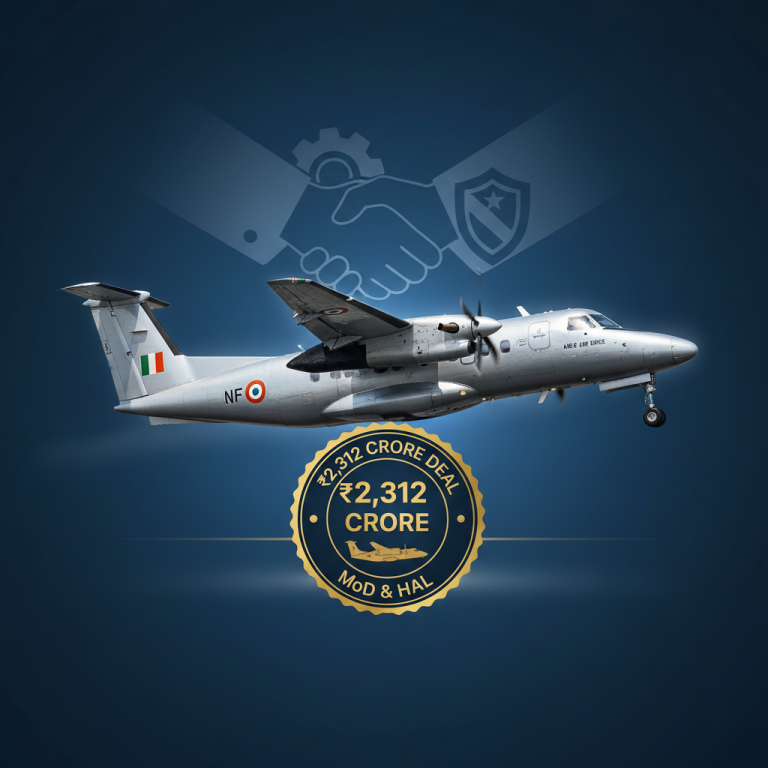 A Dornier 228 aircraft in flight with a handshake icon and the deal value ₹2,312 Crore.