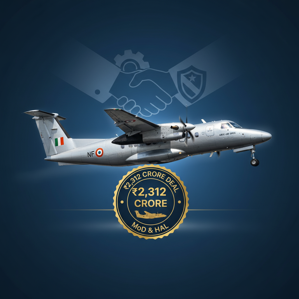 A Dornier 228 aircraft in flight with a handshake icon and the deal value ₹2,312 Crore.
