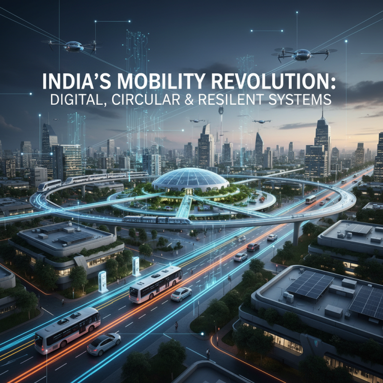 An aerial view of a futuristic city with various modes of transport and digital connectivity.