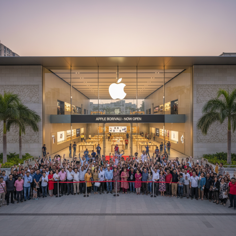 Grand exterior shot of a new Apple store in Borivali, India, with a large crowd gathered for the opening.