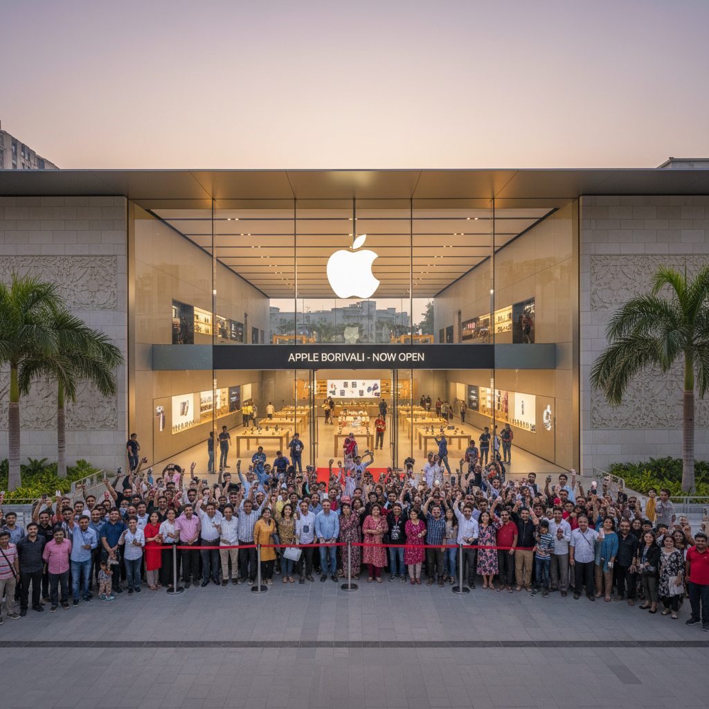 Grand exterior shot of a new Apple store in Borivali, India, with a large crowd gathered for the opening.