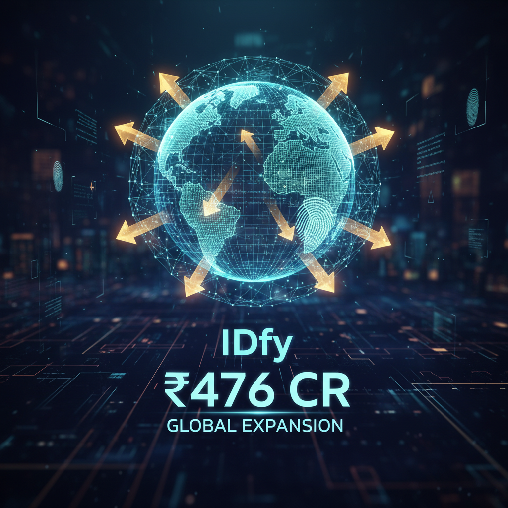 A digital globe with glowing arrows expanding outwards, signifying global reach and expansion in identity verification.