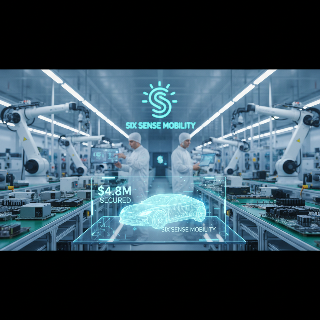 Holographic display in an advanced electronics factory showing a car, "$4.8M Secured," and the Six Sense Mobility logo.