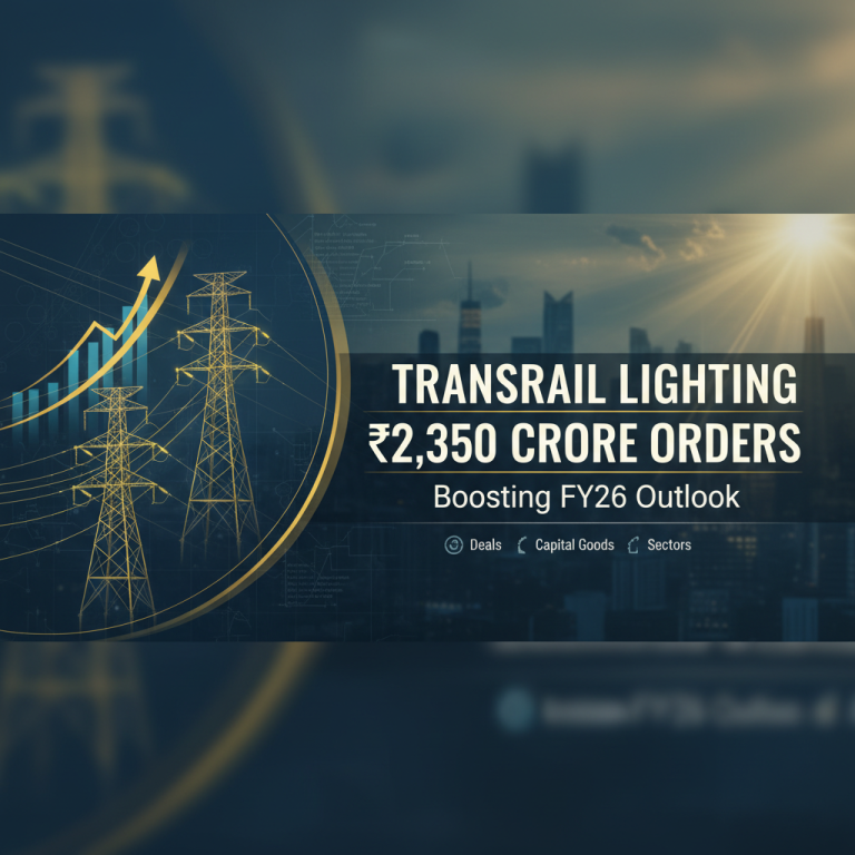 Image features transmission towers, a rising arrow graph, and "Transrail Lighting ₹2,350 Crore Orders Boosting FY26 Outlook" text.