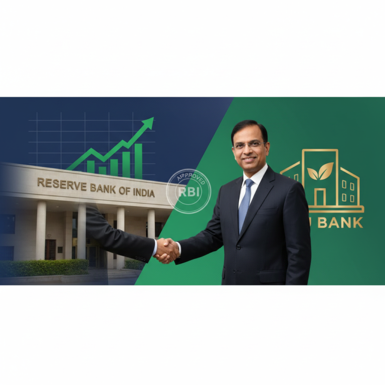 A professional image showing a handshake between representations of RBI and AU Bank, with Sanjay Agarwal smiling.