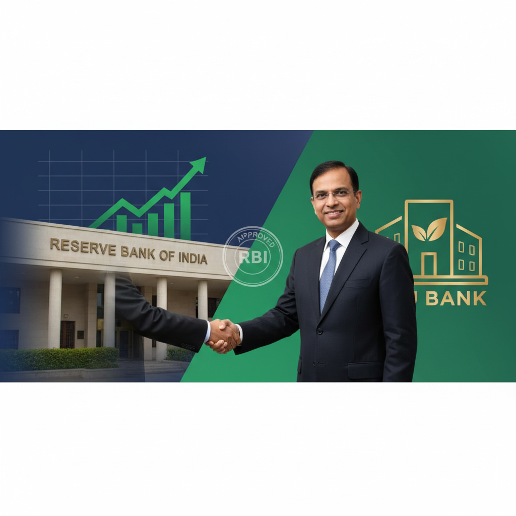 A professional image showing a handshake between representations of RBI and AU Bank, with Sanjay Agarwal smiling.