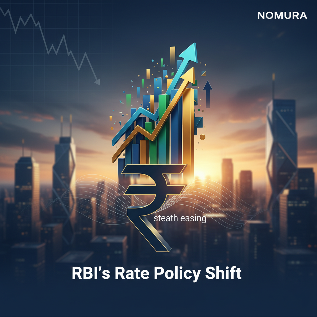 A professional image symbolizing economic shifts with a rising Indian Rupee symbol, arrows, and graphs over a cityscape.