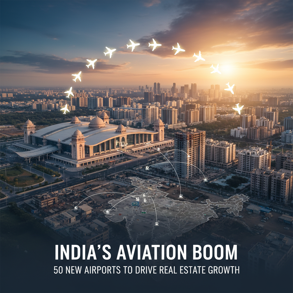 An aerial view of an Indian city with a modern airport and a map of India highlighting new airport locations, symbolizing growth.