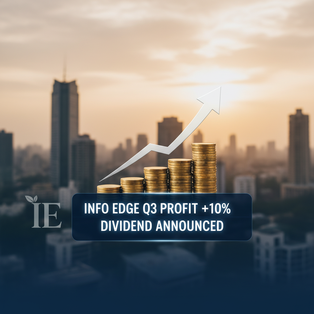 A stack of coins with an upward trending arrow, signifying profit growth, set against a city skyline at sunset.