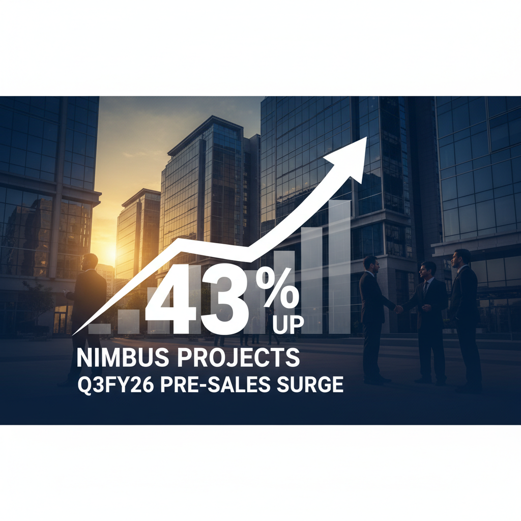 Business professionals shaking hands in front of modern buildings with a 43% up arrow graphic.