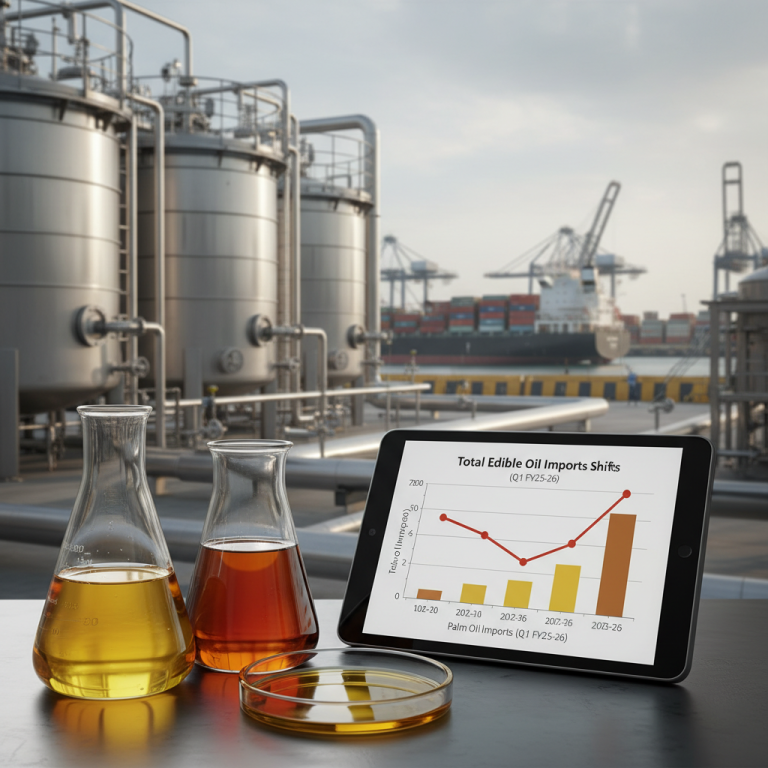 A tablet displaying a graph on edible oil imports with palm oil's rise, set against an industrial port backdrop.