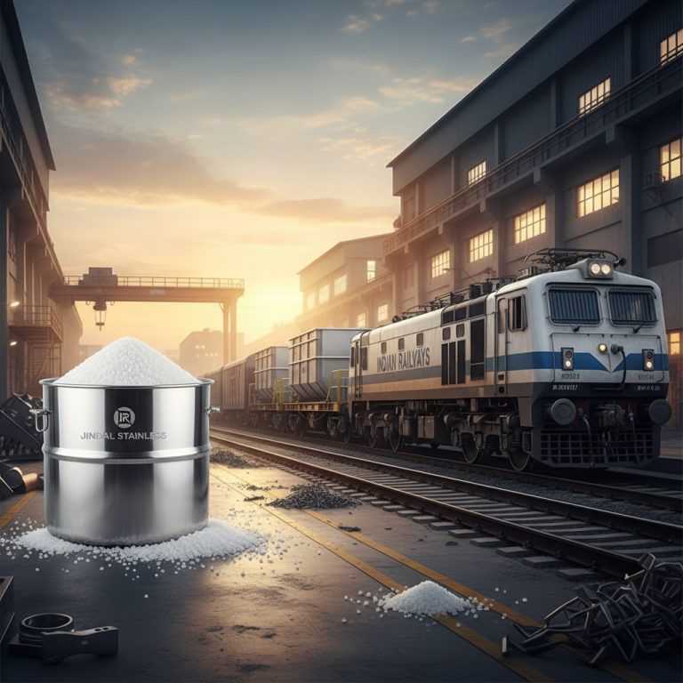 A stainless steel container filled with salt, branded "Jindal Stainless," with an Indian Railways train in the background at sunset.