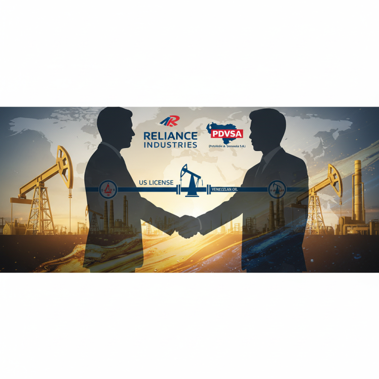 Two businessmen shaking hands with oil derricks and refineries in the background, symbolizing an oil deal.