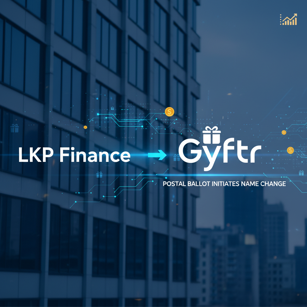 A professional graphic depicting the transformation of "LKP Finance" to "Gyftr" with a blue arrow, set against a modern city financial district background.