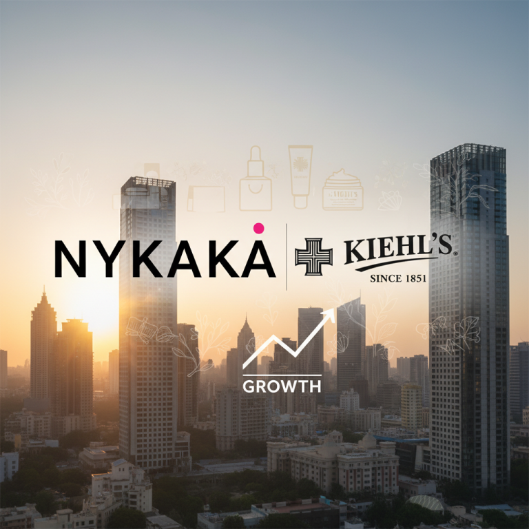 Nykaa and Kiehl's logos with a growth arrow over a city skyline at sunset, symbolizing market expansion.