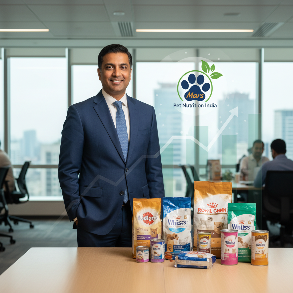 A professional photo of Manish Syag in a suit, standing behind a table with Mars Pet Nutrition India pet food products.
