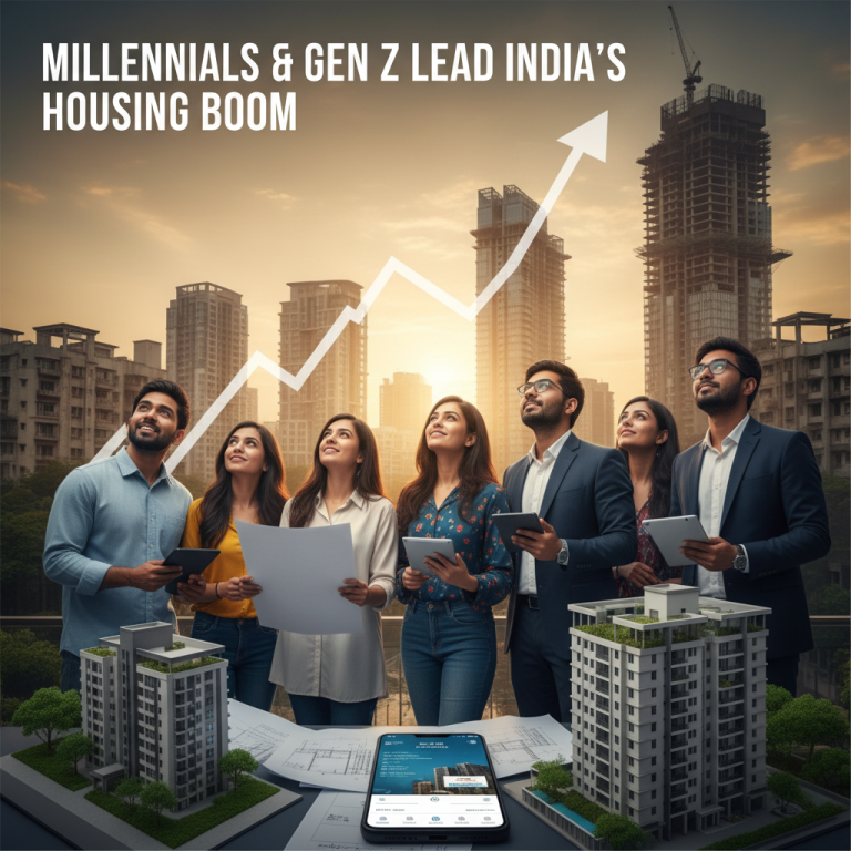 A group of diverse young Indian millennials and Gen Z individuals looking up at a rising arrow over a cityscape at sunset.