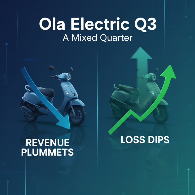 Two electric scooters with arrows representing revenue plummeting and loss dipping, against a tech background.