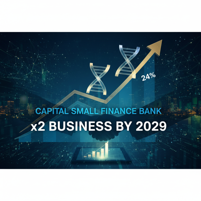 An upward trending arrow representing growth, with "24%" and "x2 Business by 2029" overlaid on a digital city background.