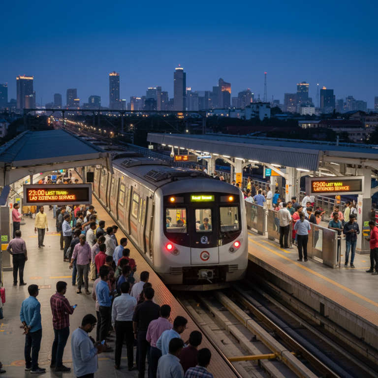 A Kochi Metro train arrives at an elevated station platform at dusk, bustling with passengers.