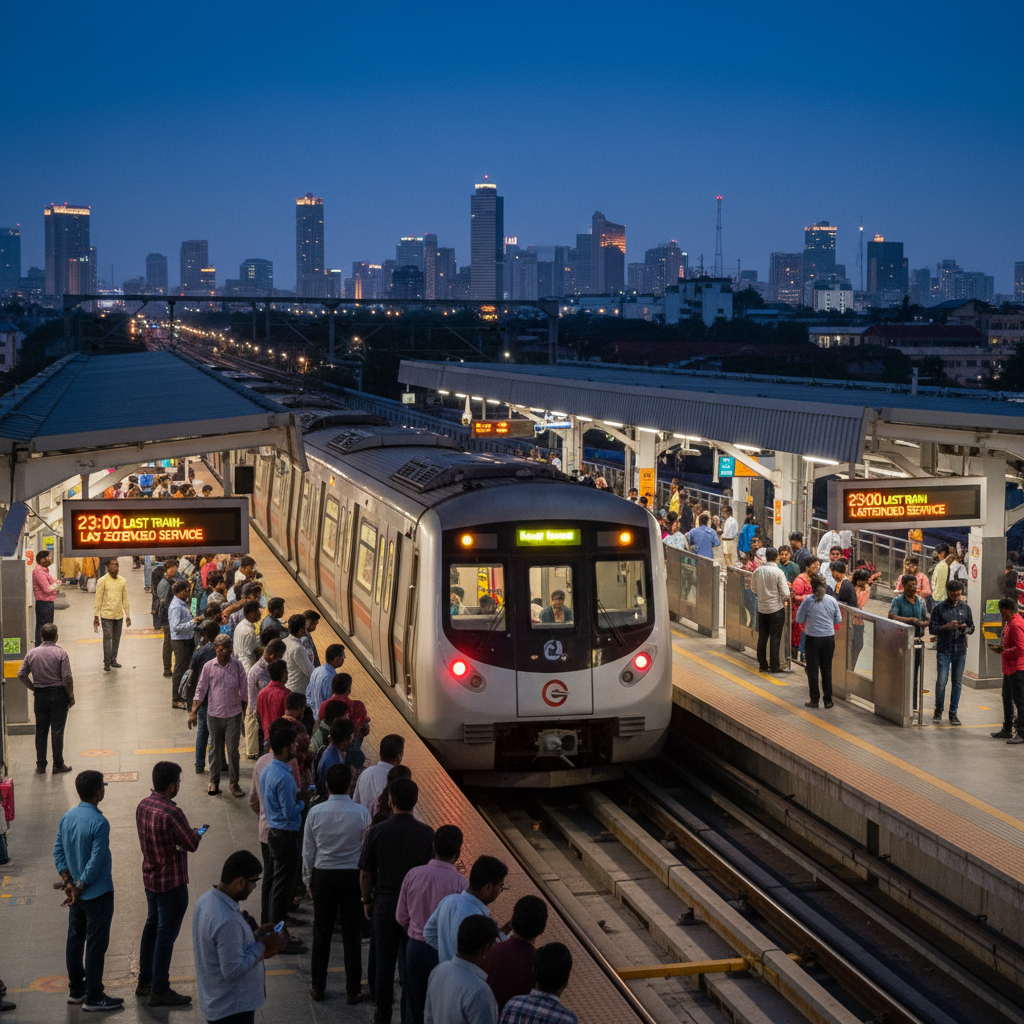 A Kochi Metro train arrives at an elevated station platform at dusk, bustling with passengers.