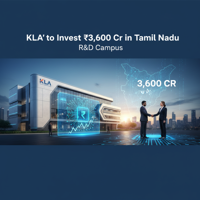 A professional image showing a handshake, a modern R&D building, and a map of Tamil Nadu with "3,600 CR" text.