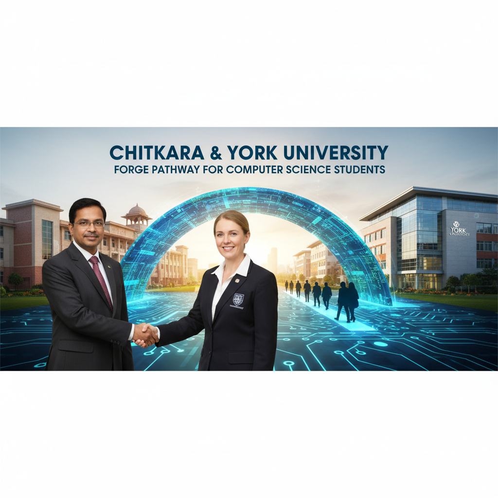 Two university representatives shake hands, with abstract tech graphics and university buildings in the background.