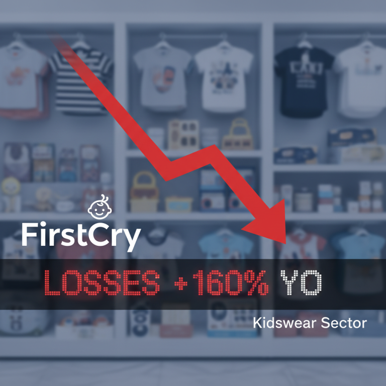 A blurred image of a kidswear store with a prominent downward red arrow and text "FirstCry LOSSES +160% YoY Kidswear Sector".