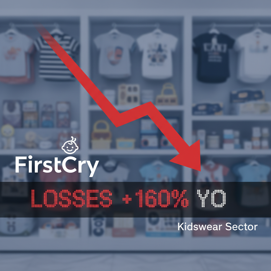 A blurred image of a kidswear store with a prominent downward red arrow and text "FirstCry LOSSES +160% YoY Kidswear Sector".