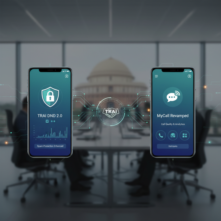 Two smartphones displaying TRAI DND 2.0 and MyCall Revamped app interfaces, connected by a circuit board design.