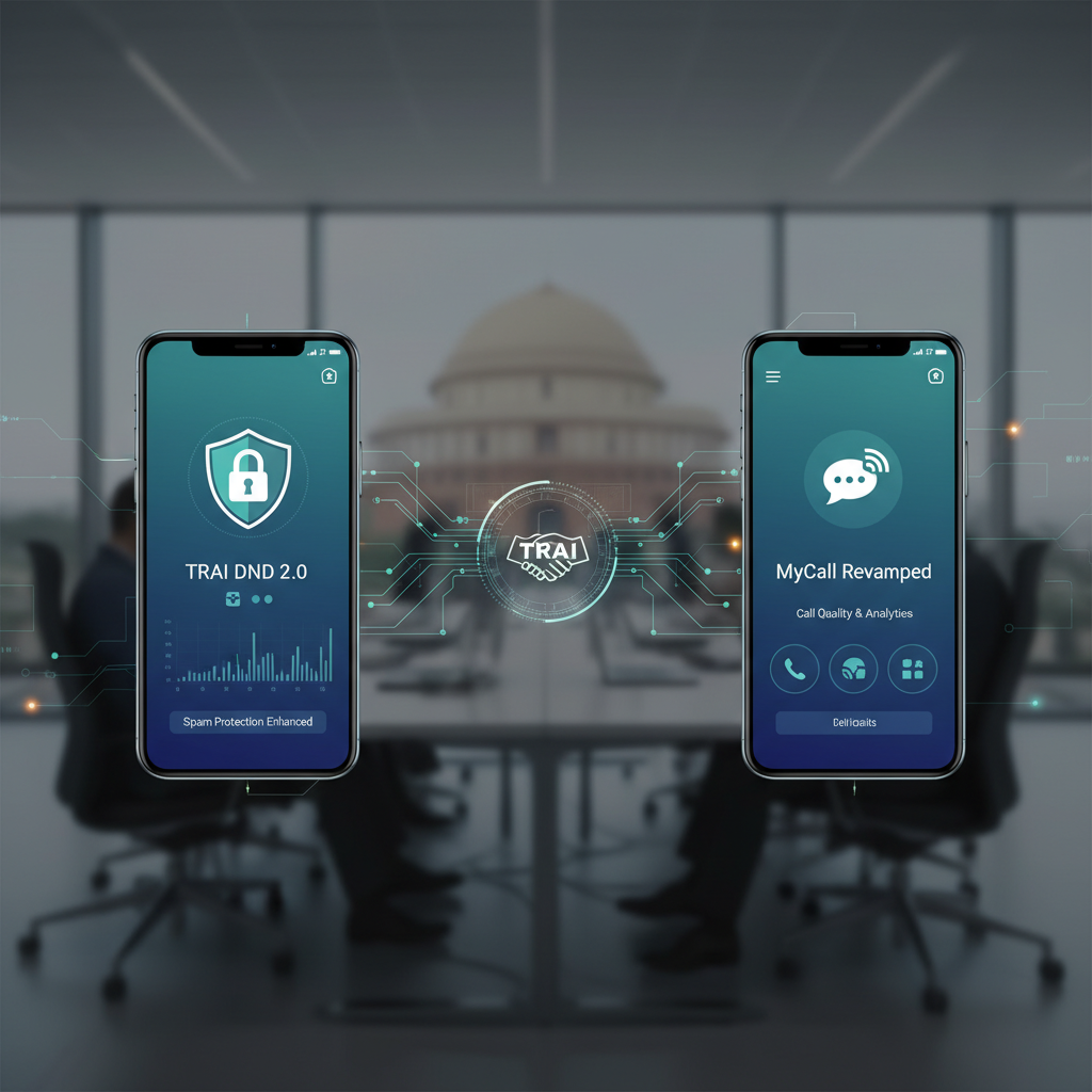 Two smartphones displaying TRAI DND 2.0 and MyCall Revamped app interfaces, connected by a circuit board design.