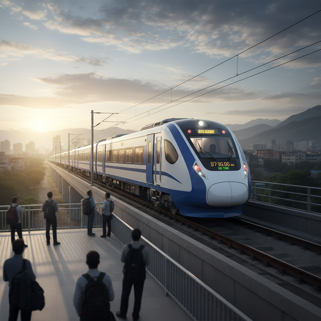 A modern Namo Bharat train approaches a station at sunrise, with commuters waiting on the platform.